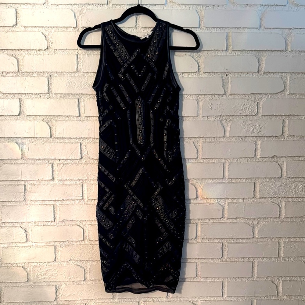 Parker NY Black Leather and Mesh Stud Body-Con Dress Sz. M